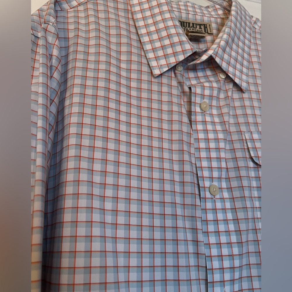 Duluth Trading Co Light Blue Plaid Button-Down Shirt with Red Grid